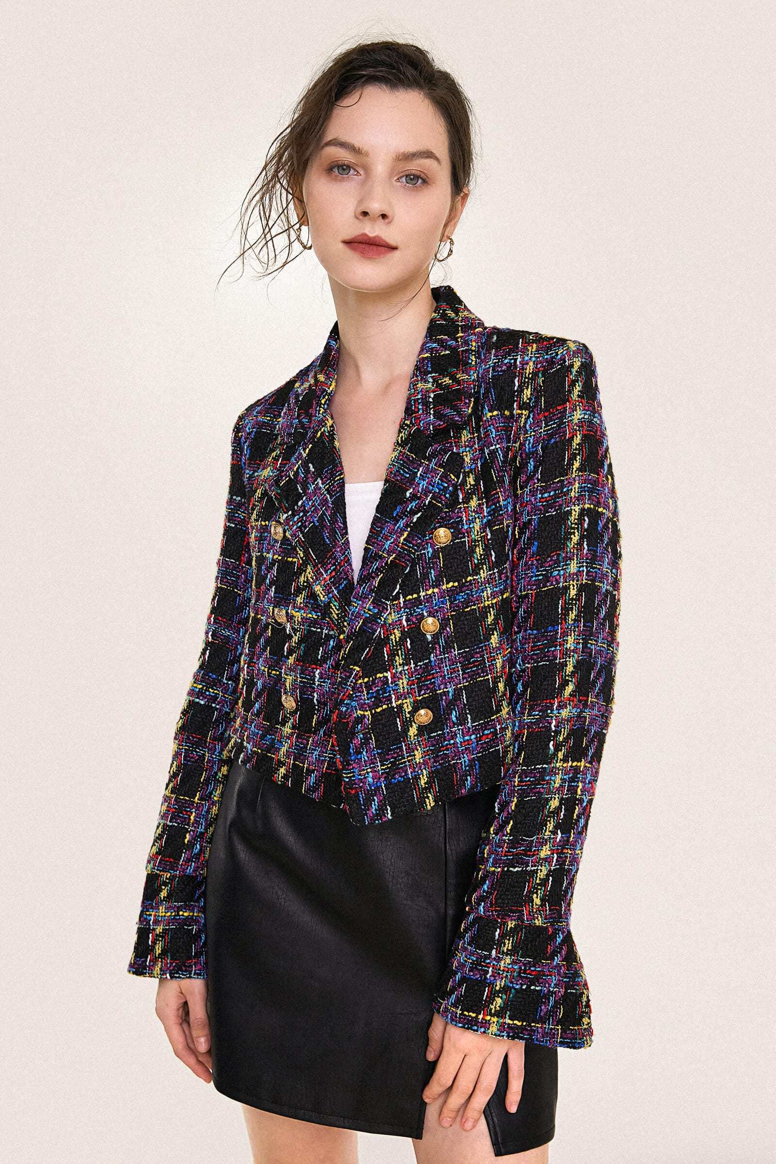 Multicolor Plaid Double-Breasted Cropped Tweed Blazer