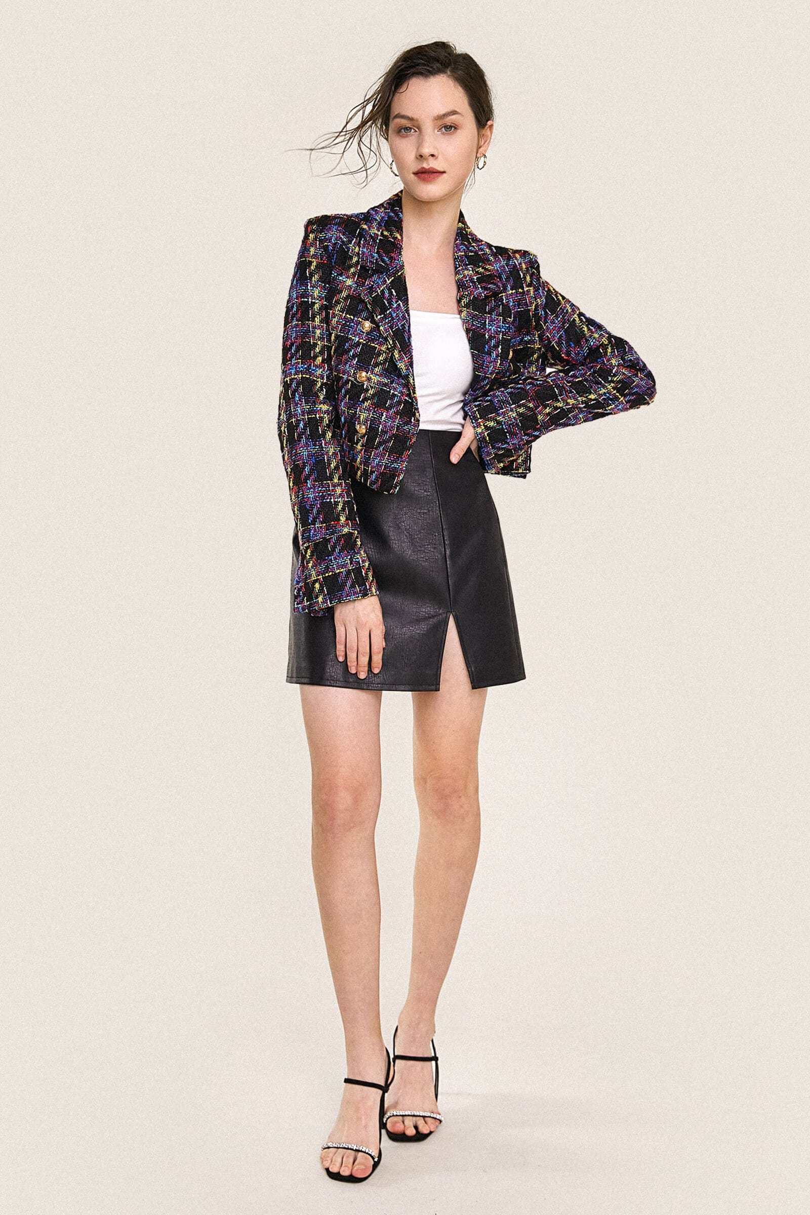 Multicolor Plaid Double-Breasted Cropped Tweed Blazer