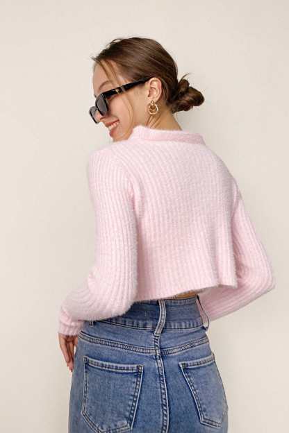 Pink Ruffle Trim Ribbed Knit Fitted Cardigan