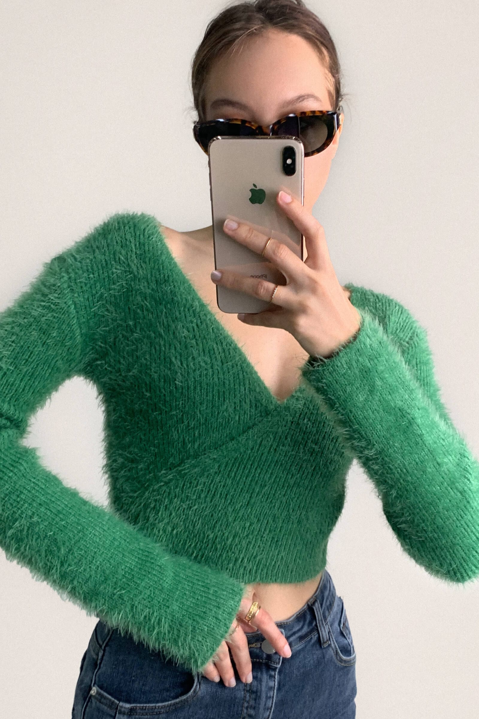 Green Mohair Fuzzy Surplice Cropped Sweater