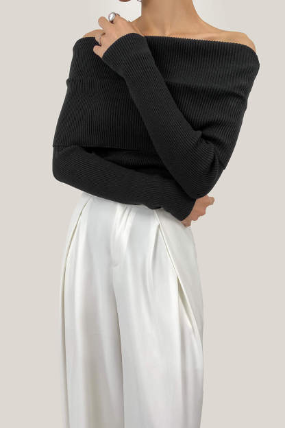 Black Off-the-Shoulder Ribbed Knit Sweater