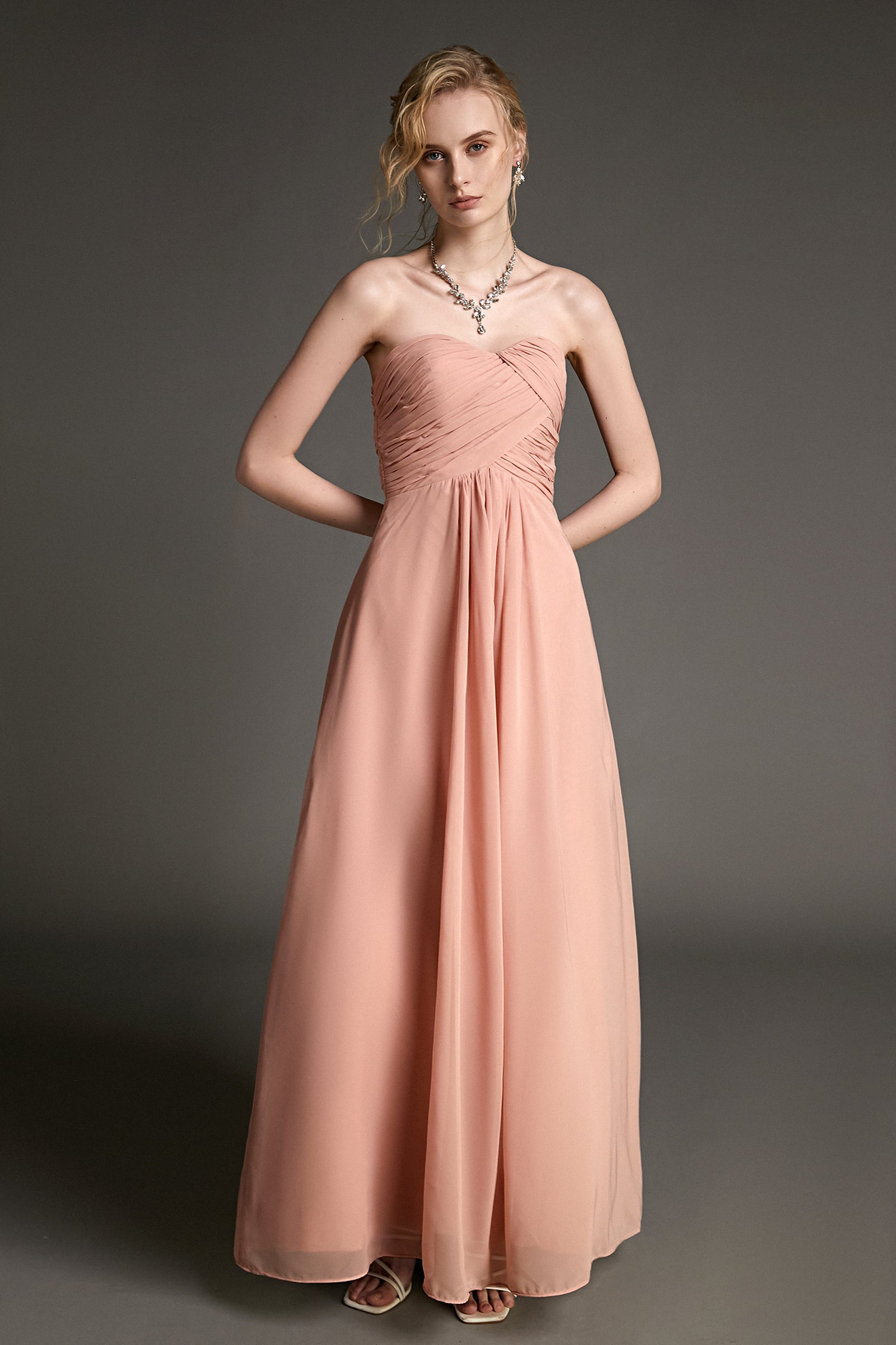 Pink Strapless Pleated Sweetheart Neck Maxi Dress