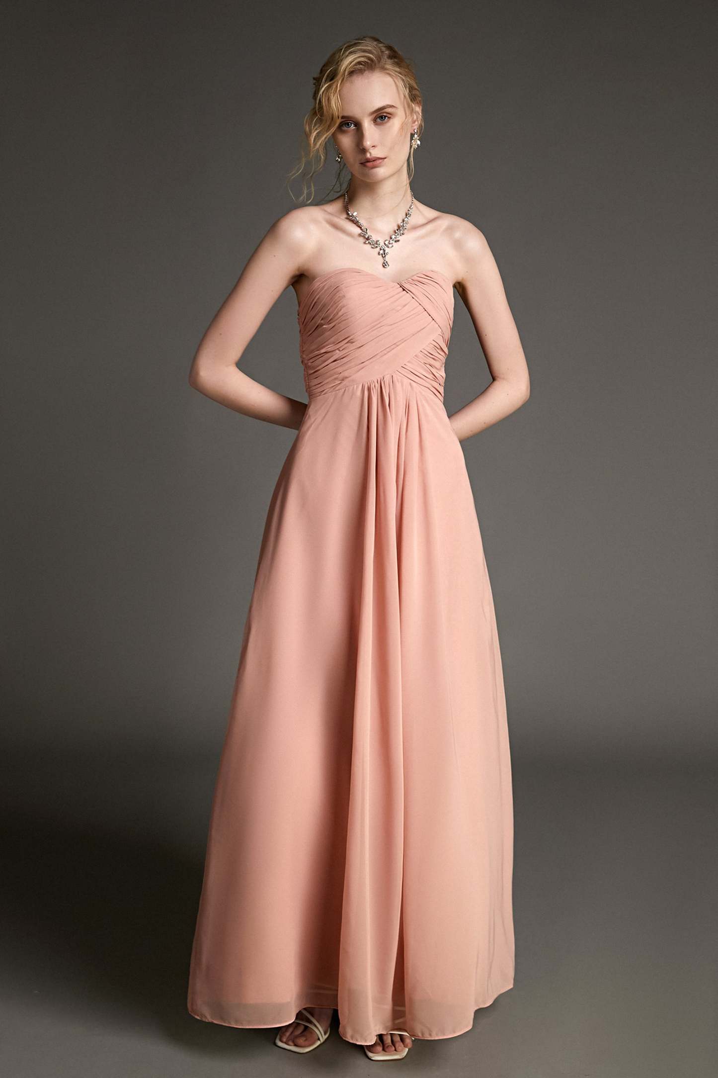 Pink Strapless Pleated Sweetheart Neck Maxi Dress