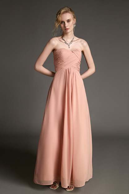 Pink Strapless Pleated Sweetheart Neck Maxi Dress