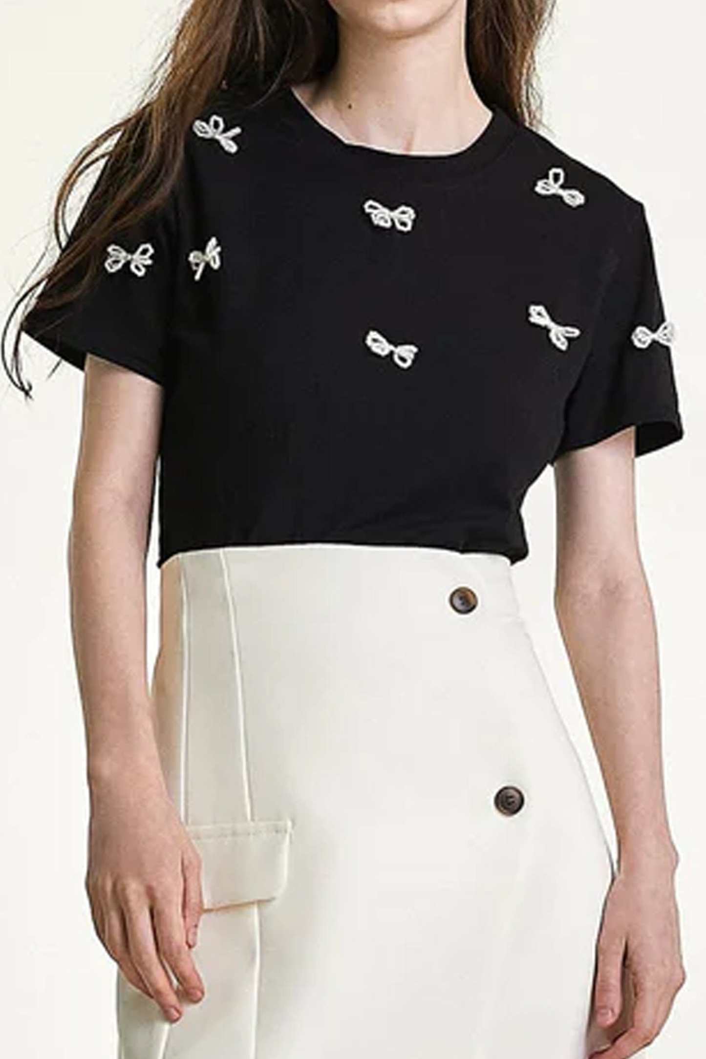 Black Faux-Pearl Bow Embellished Cotton Blouse