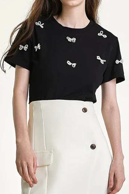Black Faux-Pearl Bow Embellished Cotton Blouse