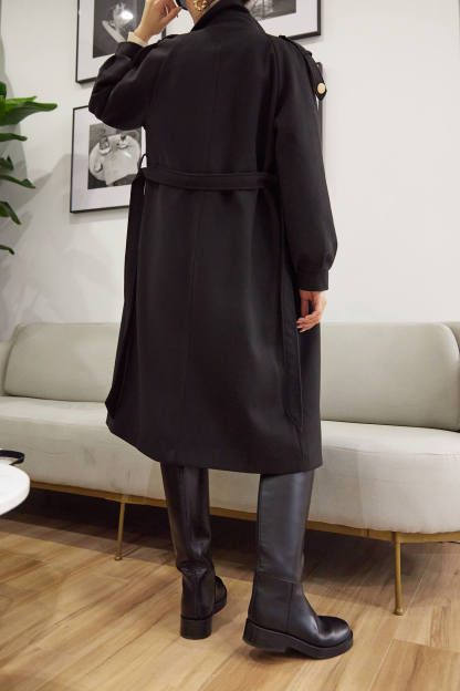 Black Double-Breasted Belted Lapel Collar Longline Coat