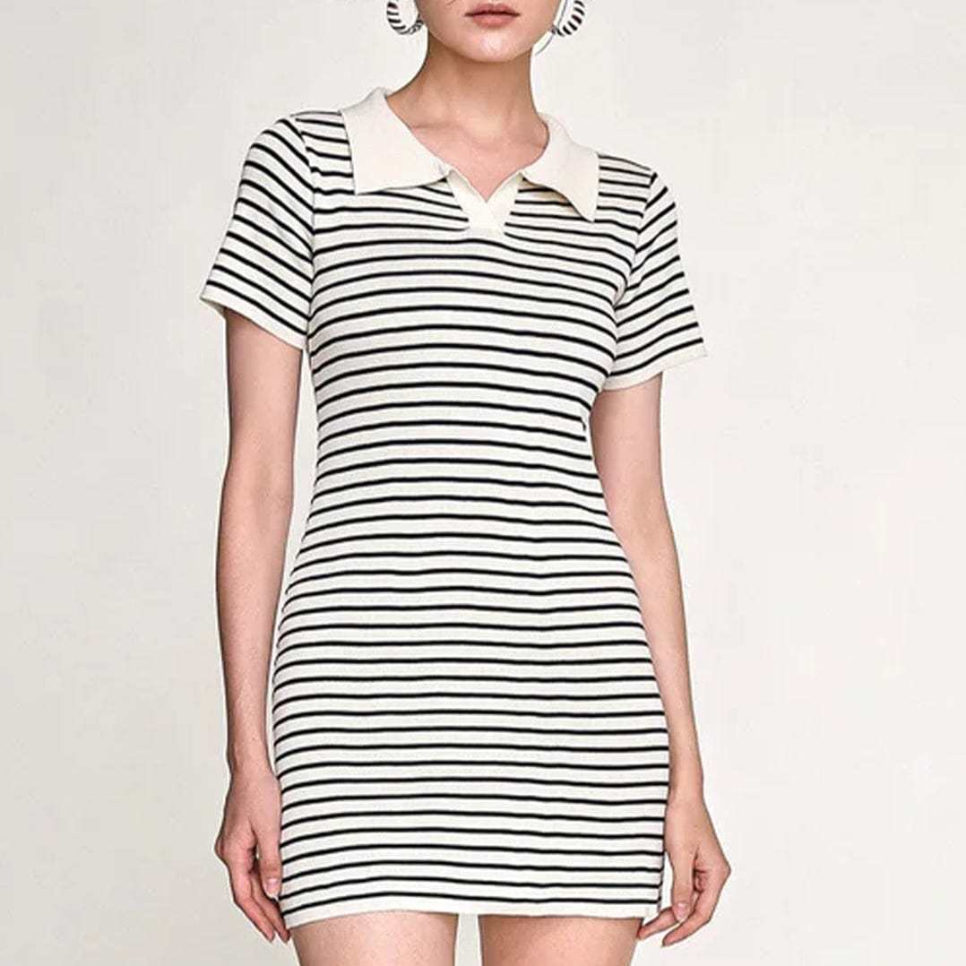 Black Striped Knitted Polo Mini Dress