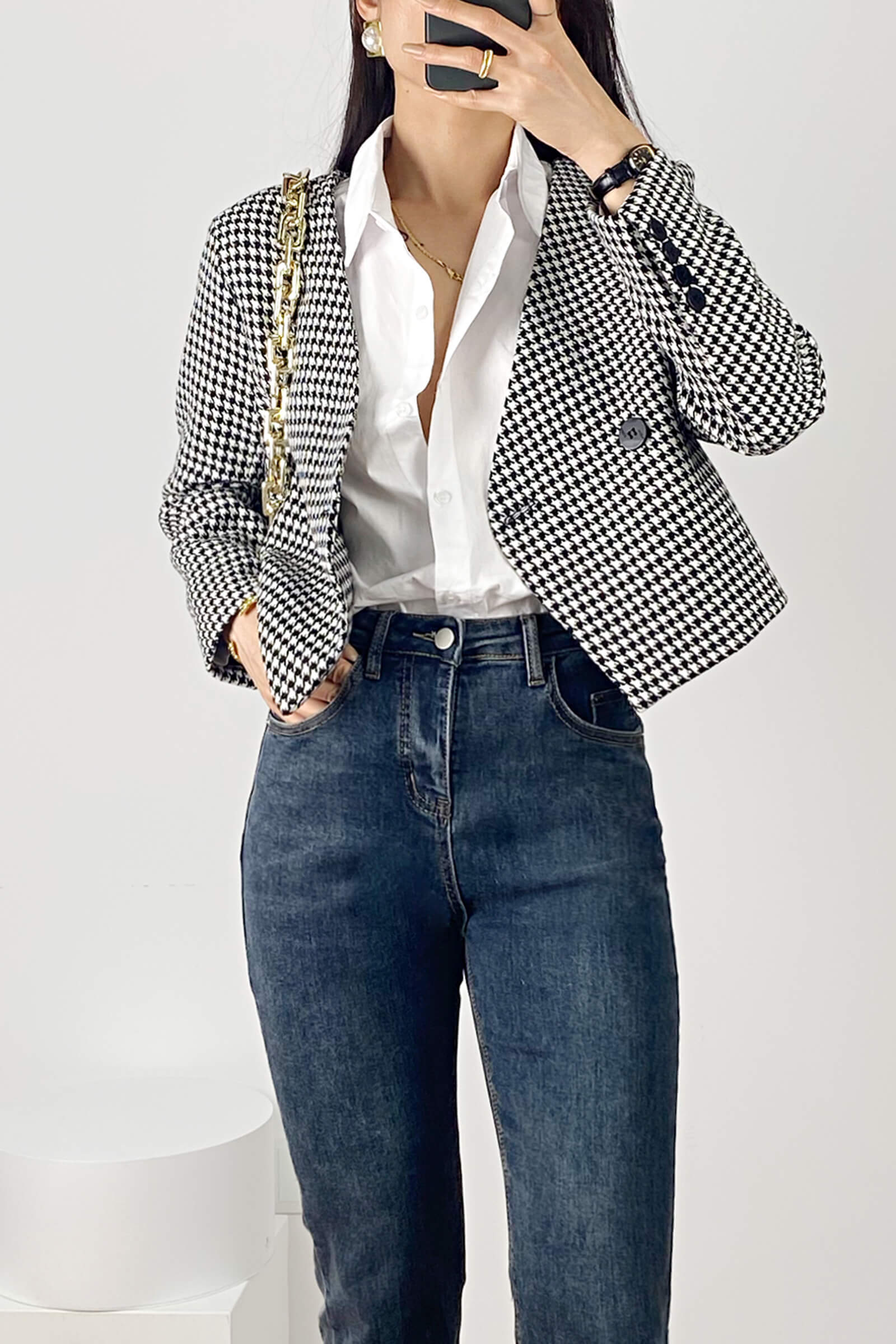 Black Houndstooth V-Neck Double-Breasted Jacket