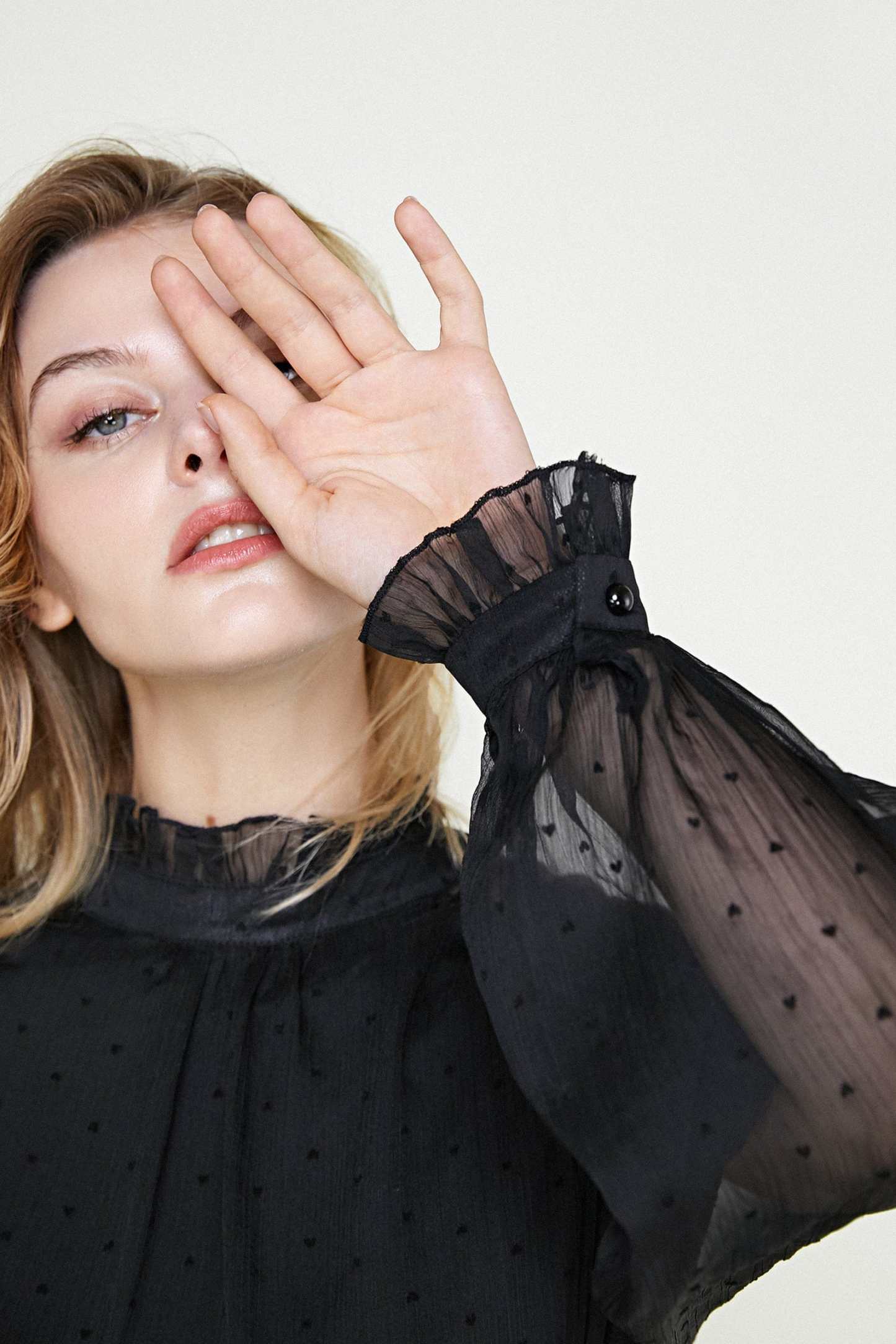 Black Polka Dot Mesh High Neck Blouse