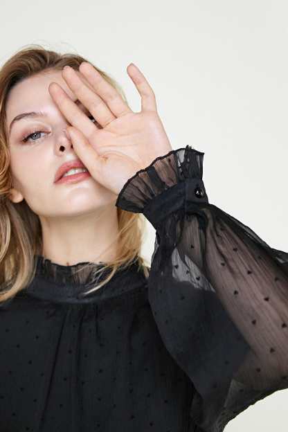 Black Polka Dot Mesh High Neck Blouse