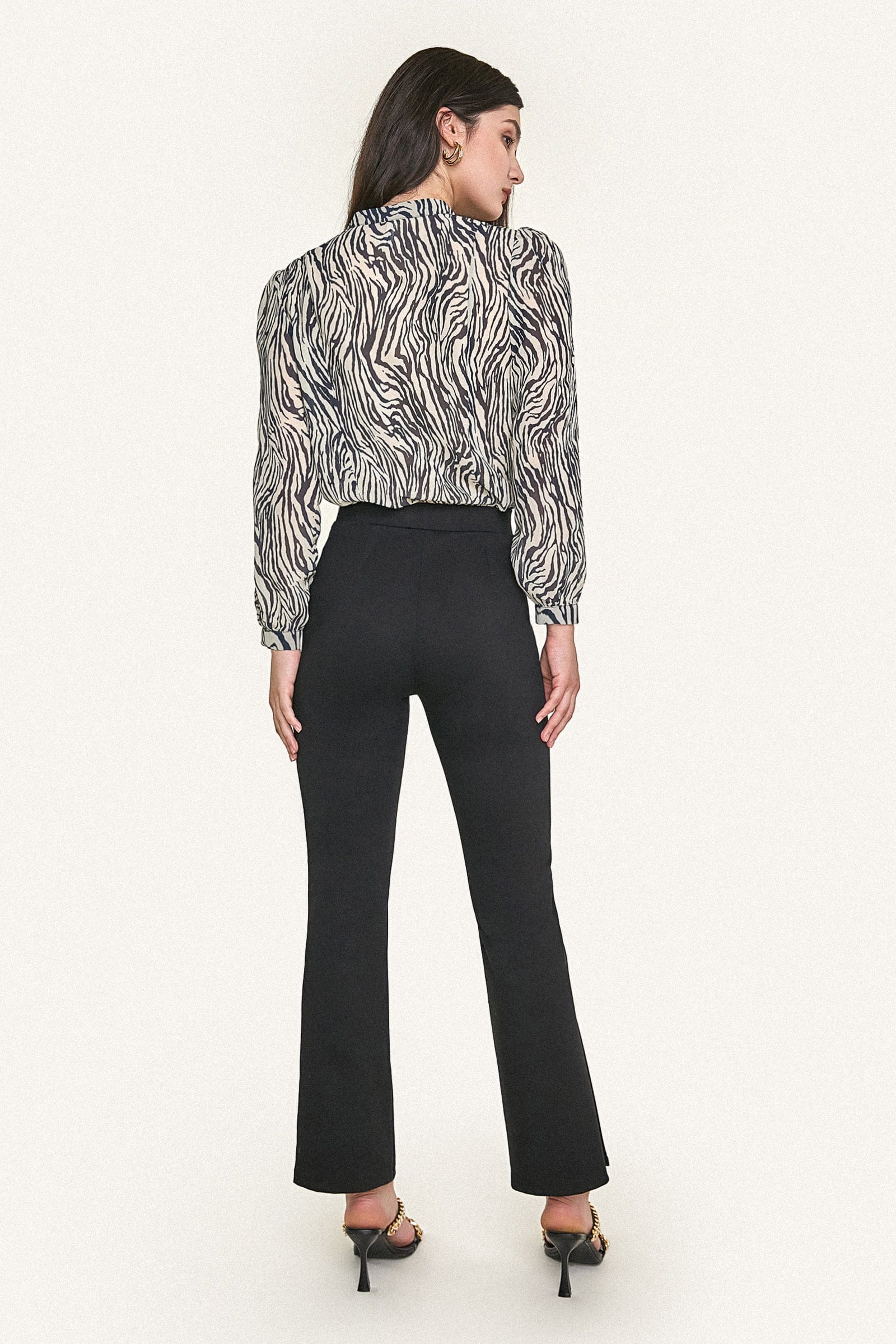 Black Zebra Print Ruffle Trim Button-Up Chiffon Work Shirt