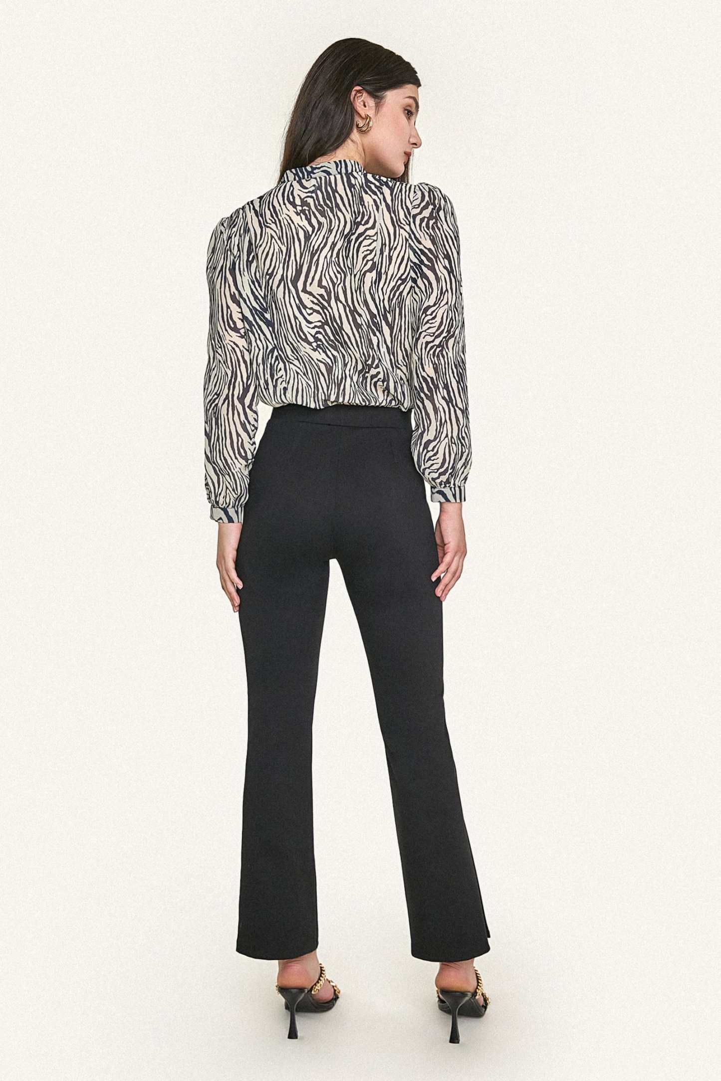 Black Zebra Print Ruffle Trim Button-Up Chiffon Work Shirt