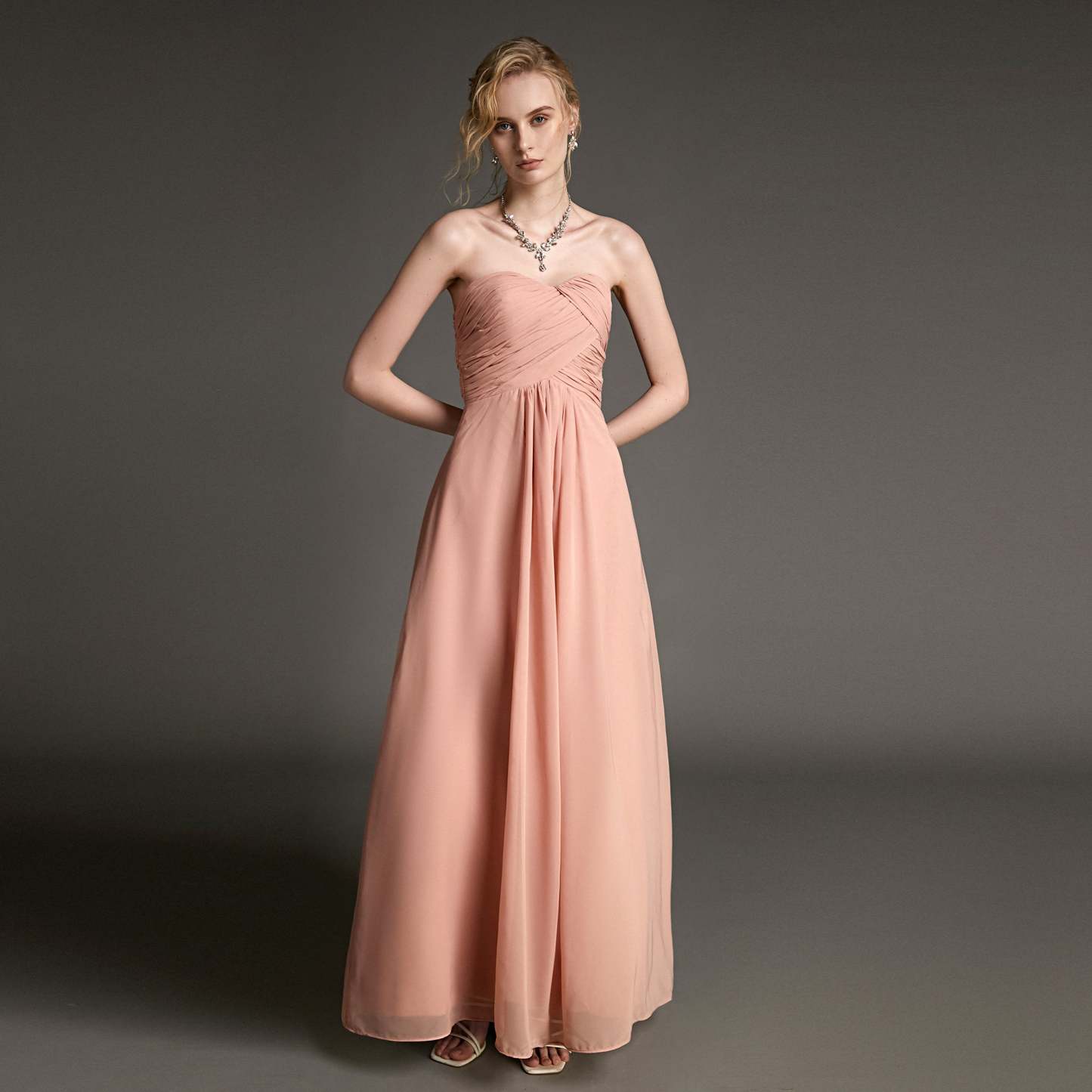 Pink Strapless Pleated Sweetheart Neck Maxi Dress