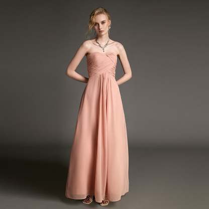 Pink Strapless Pleated Sweetheart Neck Maxi Dress