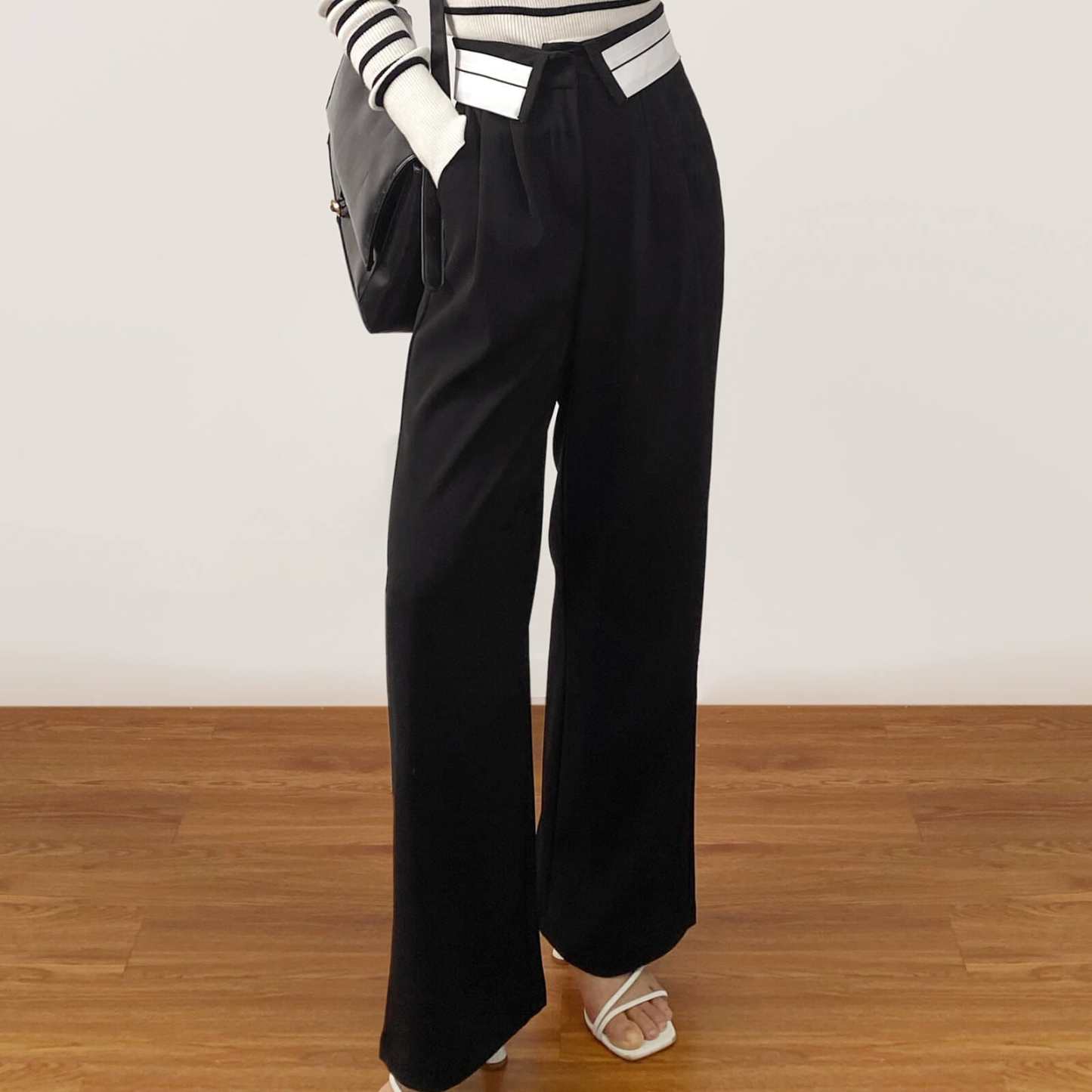 Black Contrast Foldover Waist Wide Leg Pants-J.ING