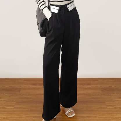 Black Contrast Foldover Waist Wide Leg Pants