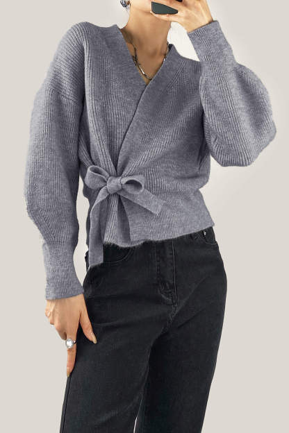 Grey Ribbed Knit Wrap Tie Side Cardigan