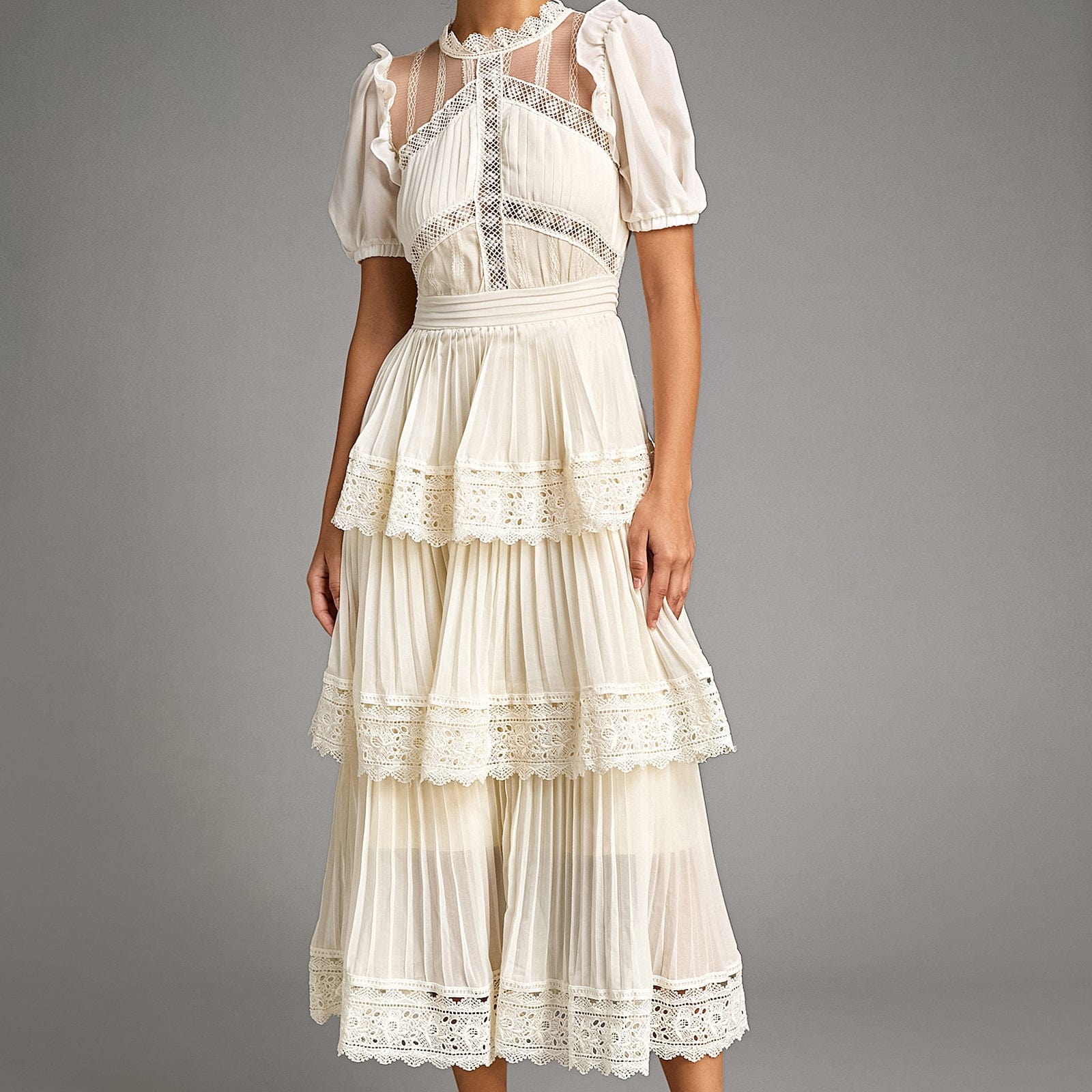 Beige Mesh Lace Trim Pleated Tiered Maxi Dress