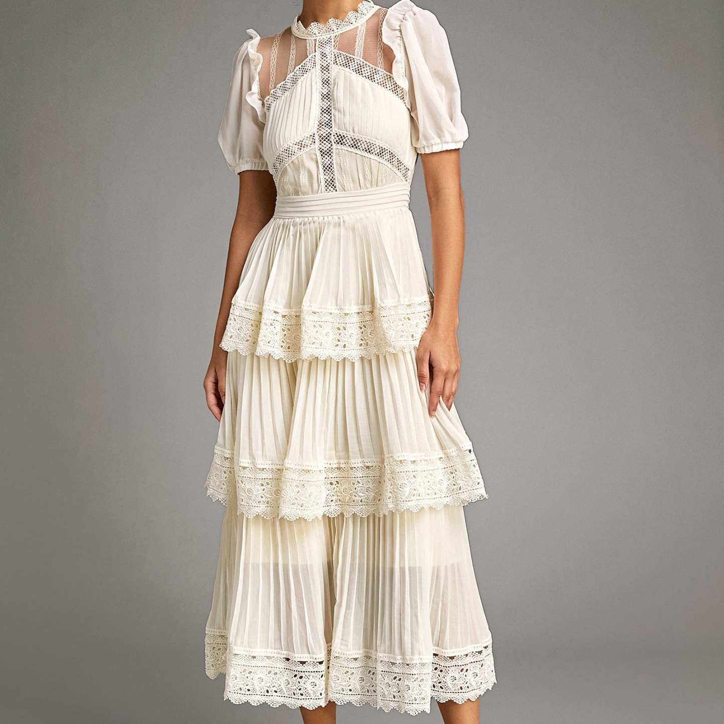Beige Mesh Lace Trim Pleated Tiered Maxi Dress