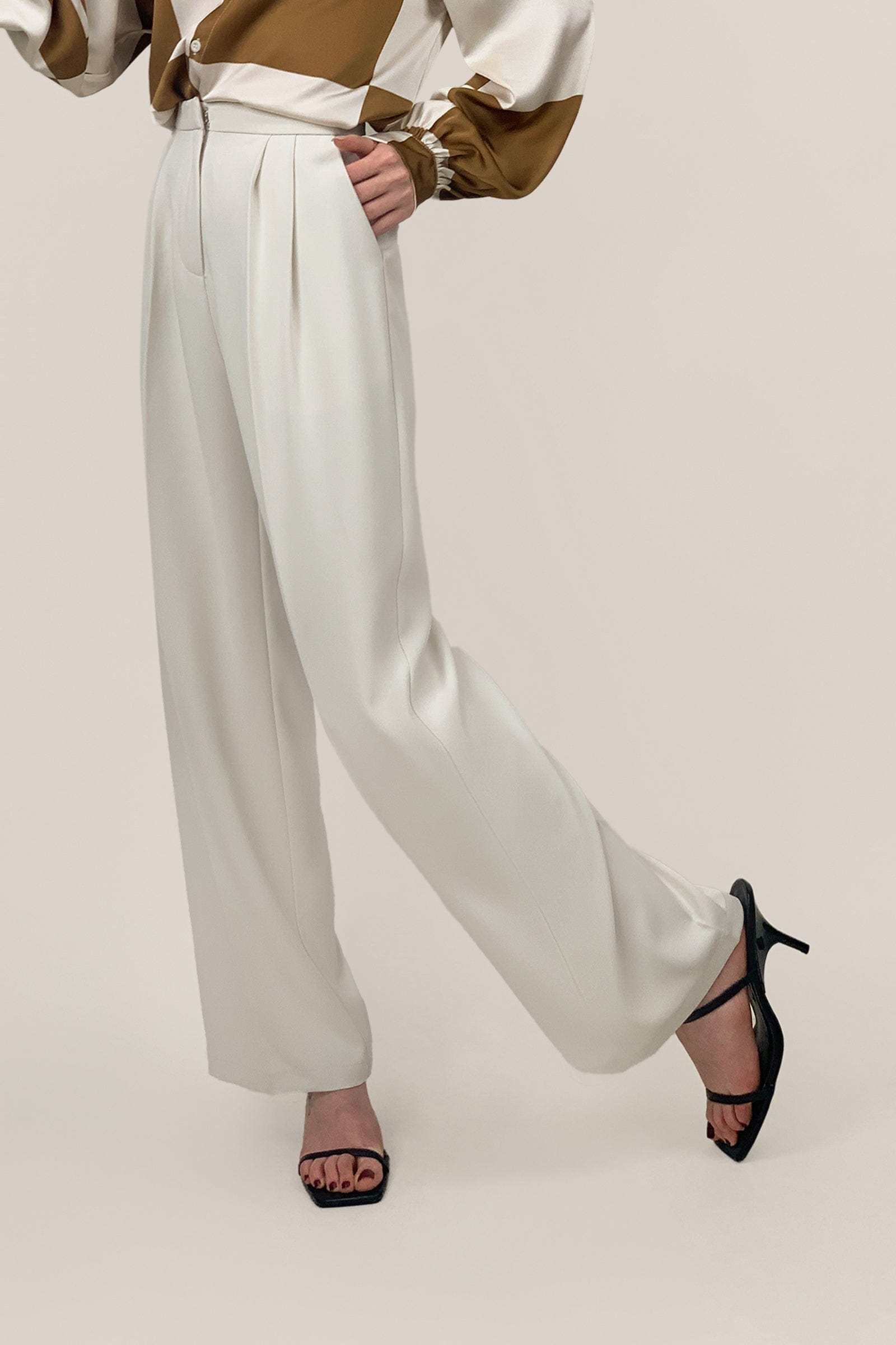 White Pleat Detail Wide Leg Work Pants