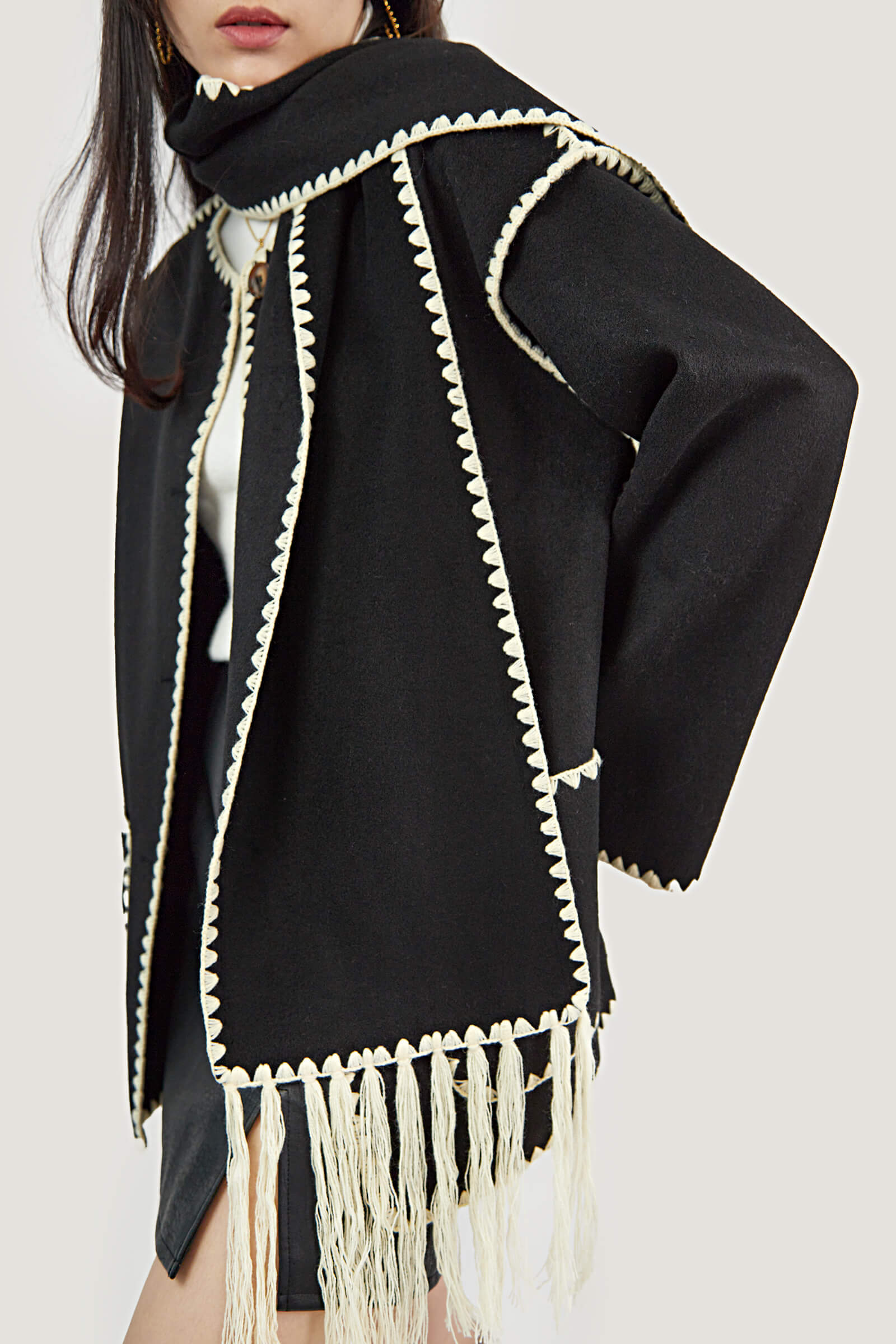 Black Contrast Drop Shoulder Wool-Blend Tweed Coat with Scarf