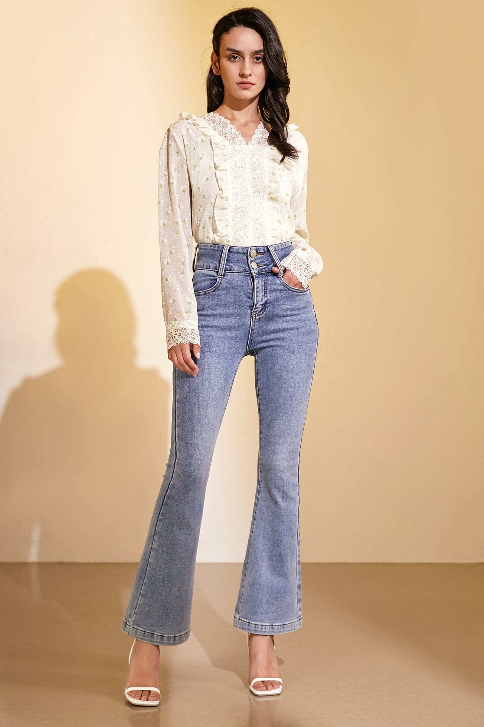 Ivory Floral Print Lace-Detail Chiffon Blouse