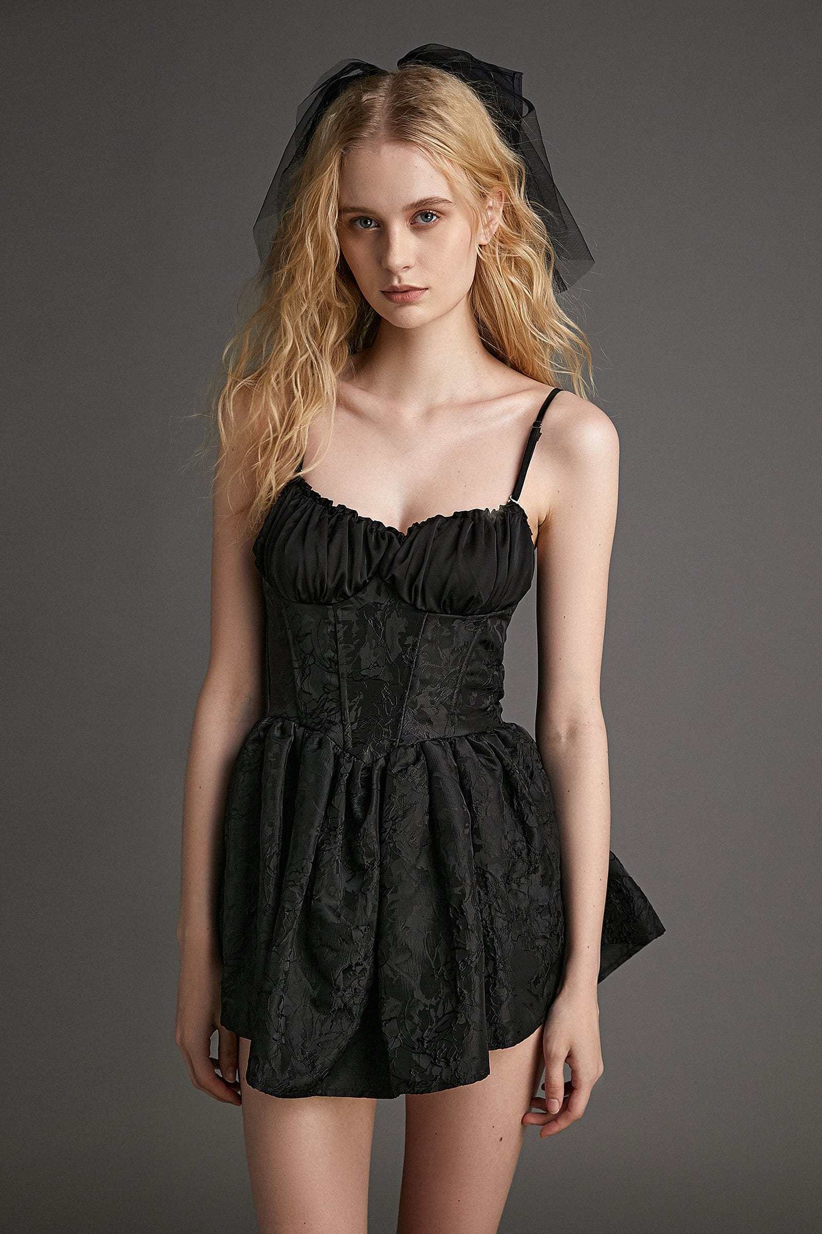 Black Floral Jacquard Ruched Corset Detail Mini Dress