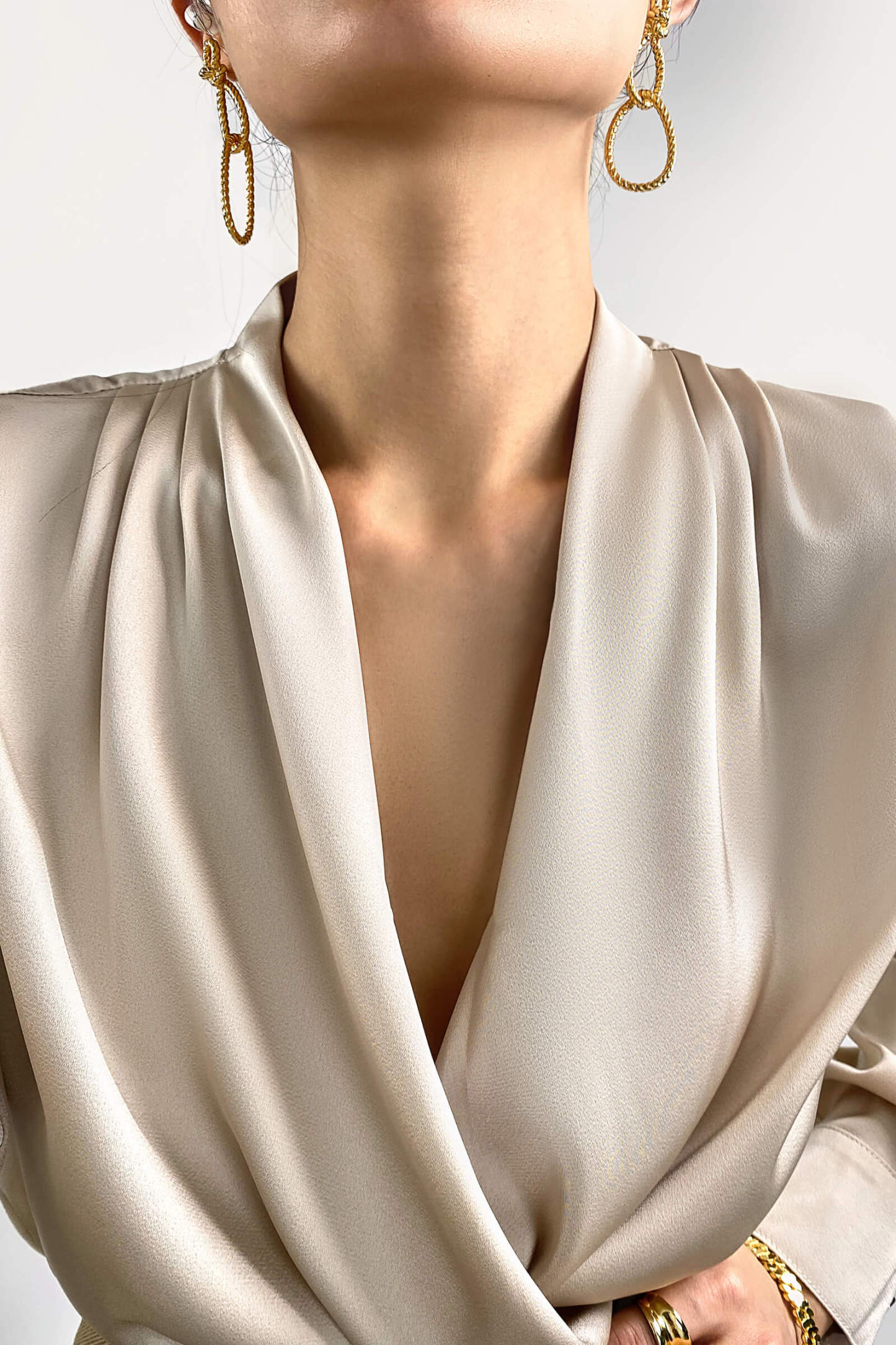 Sea Shell Ruched Long Sleeve Surplice Blouse