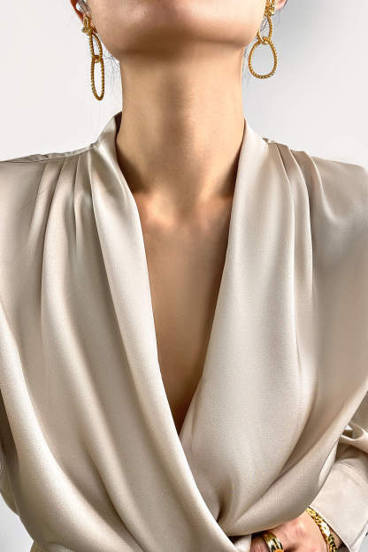 Sea Shell Ruched Long Sleeve Surplice Blouse
