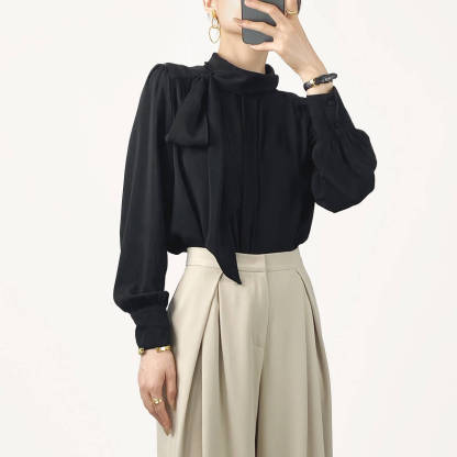 Black Long Sleeve Tie Neck Blouse