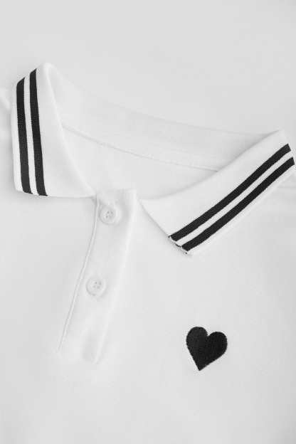 White Contrast Trim Embroidery Polo T-shirt