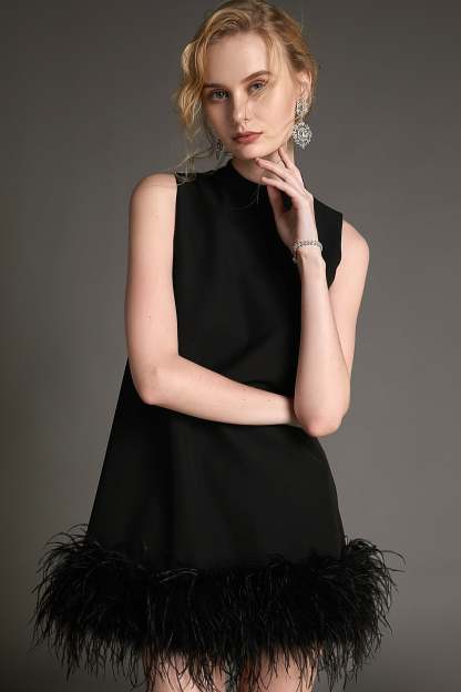 Black Sleeveless Mock Neck Feather-Trimmed Mini Dress