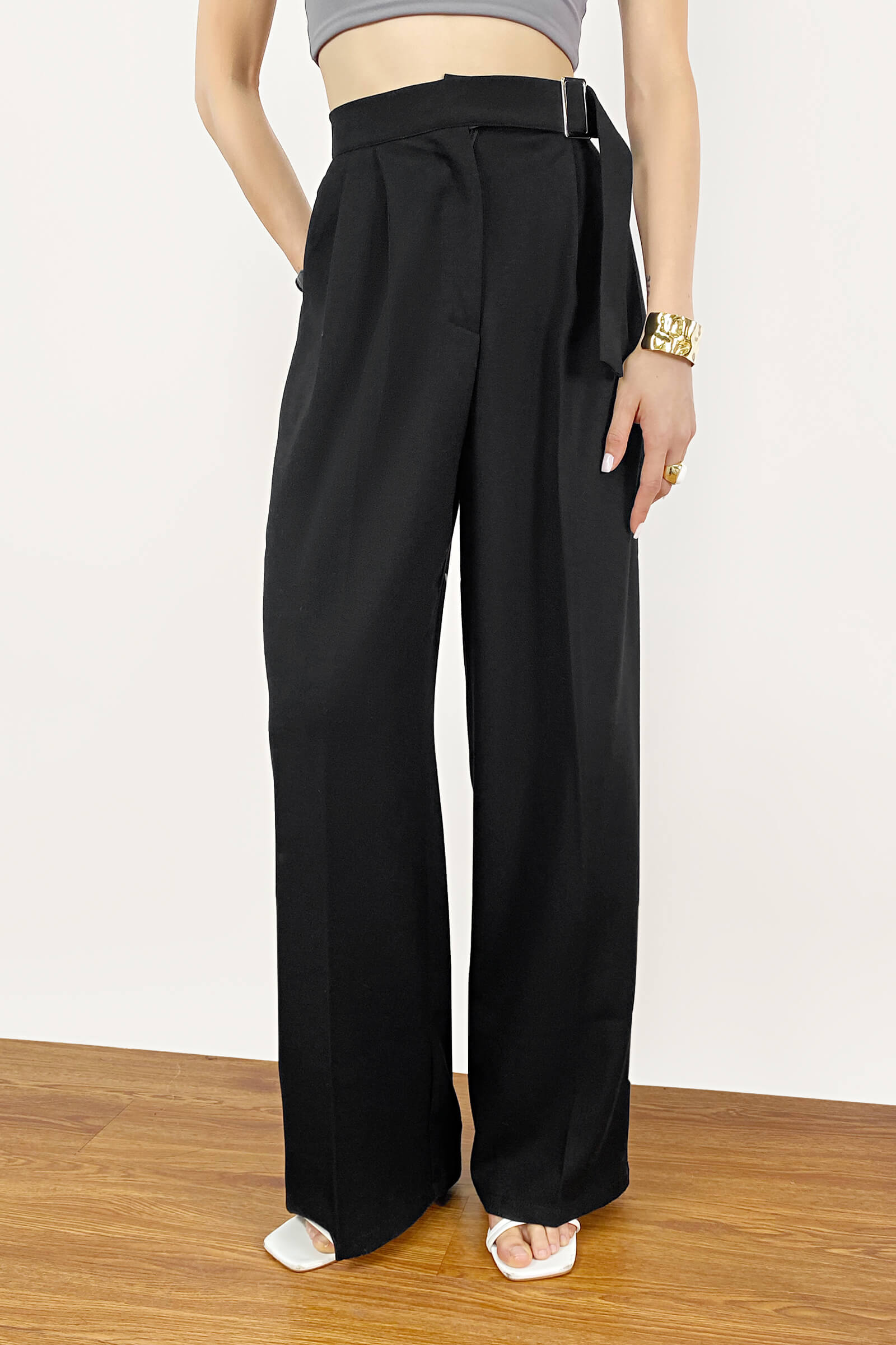 Black Buckle Strap Detail Pleated Front Wide Leg Pants