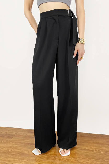 Black Buckle Strap Detail Pleated Front Wide Leg Pants