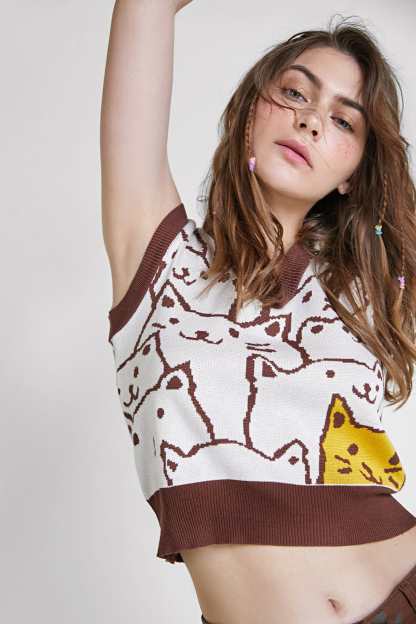 Saddle Brown Cat Print Knitted Vest