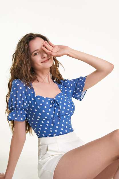 Steel Blue Polka Dot Tie Detail Cropped Blouse