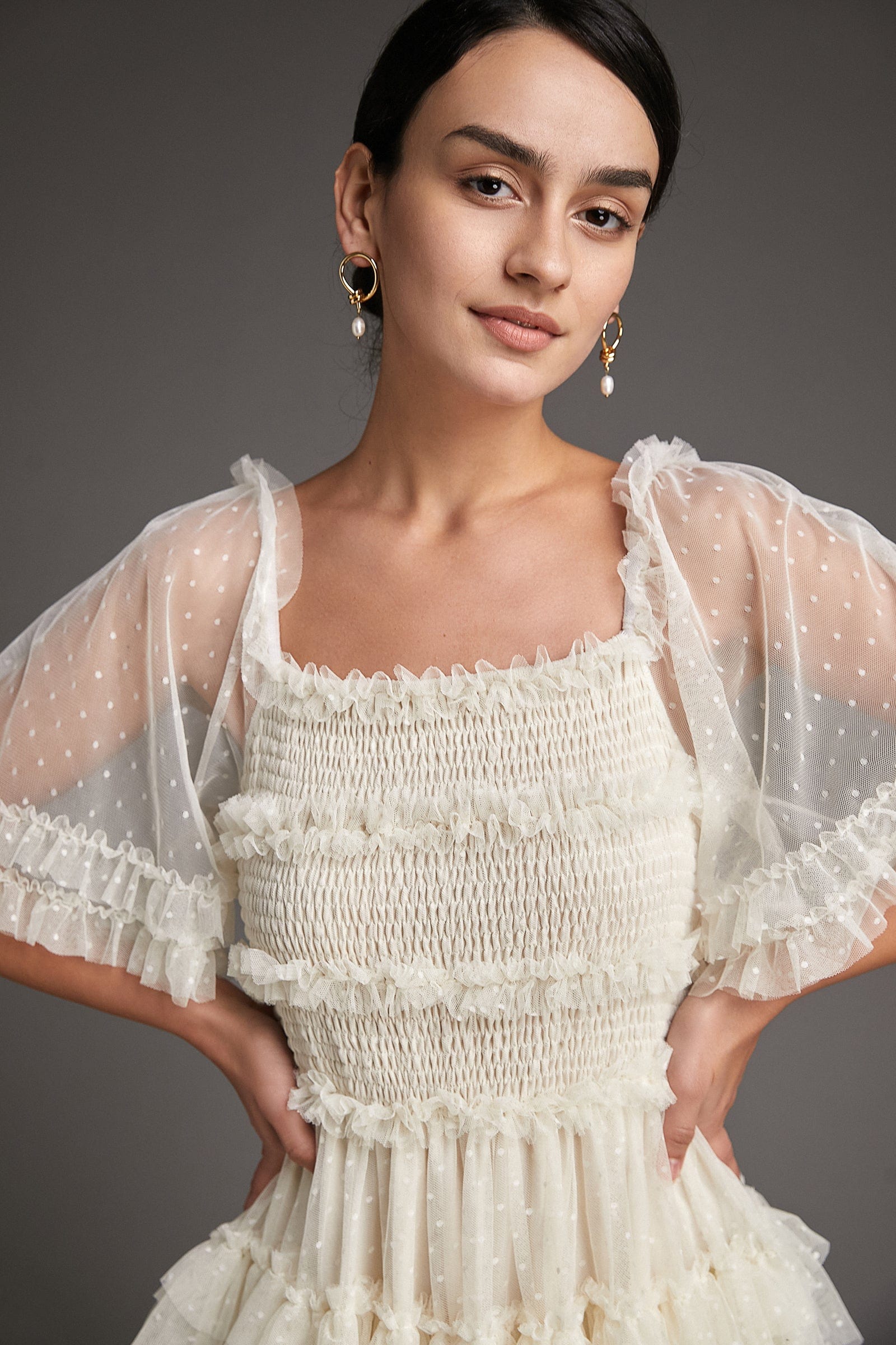 Beige Swiss Dot Mesh Ruffle Tiered Midi Dress