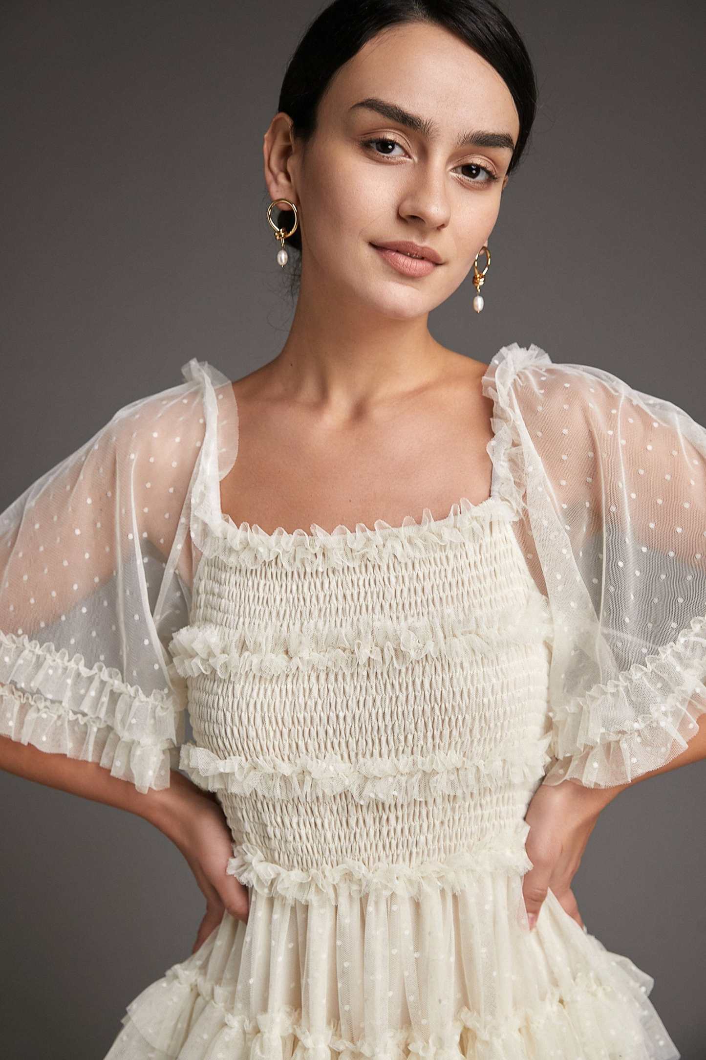 Beige Swiss Dot Mesh Ruffle Tiered Midi Dress