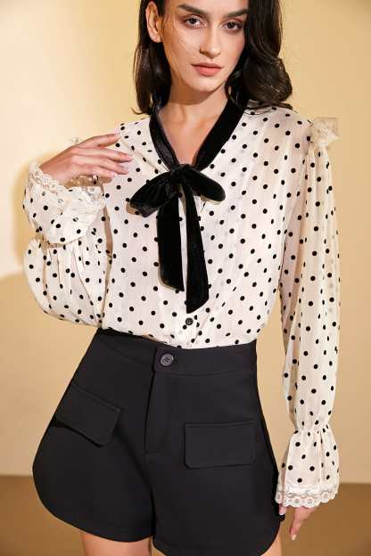 Beige Polka Dot Tie-Neck Blouse