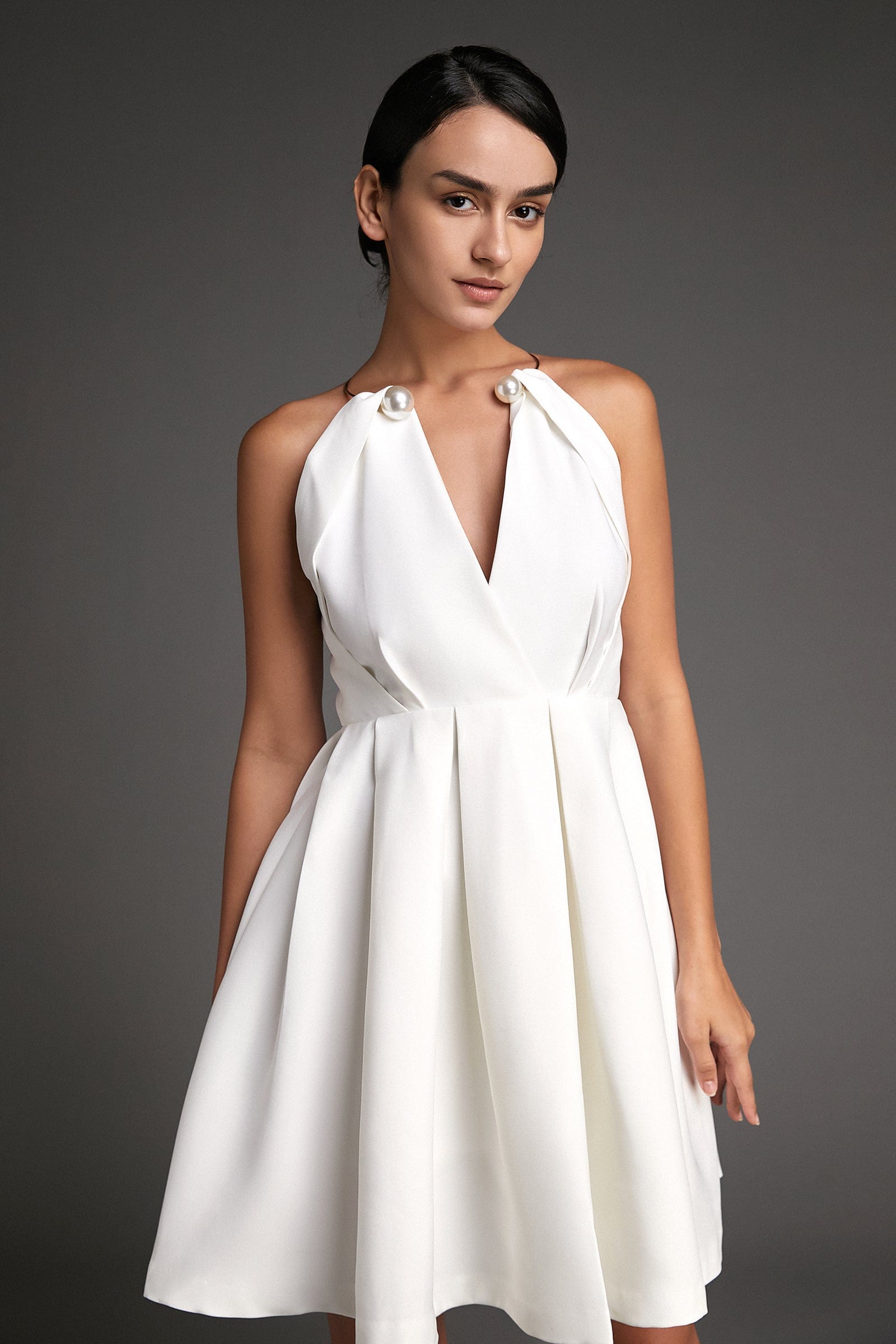 White Sleeveless Metal Ring Halter Mini Dress