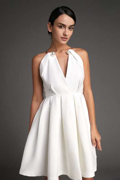 White Sleeveless Metal Ring Halter Mini Dress
