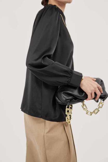 Black Mock Neck Ornamental Lantern Sleeve Blouse