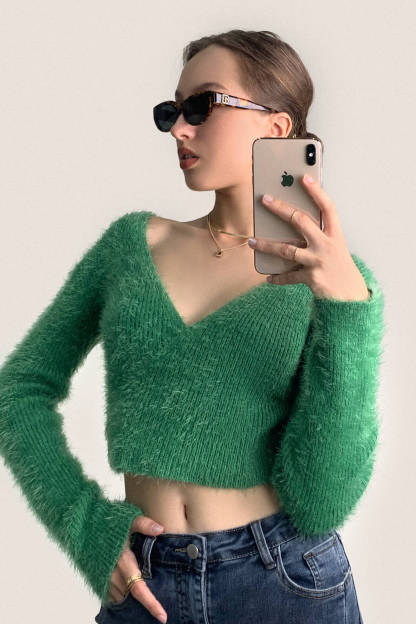 Green Mohair Fuzzy Surplice Cropped Sweater