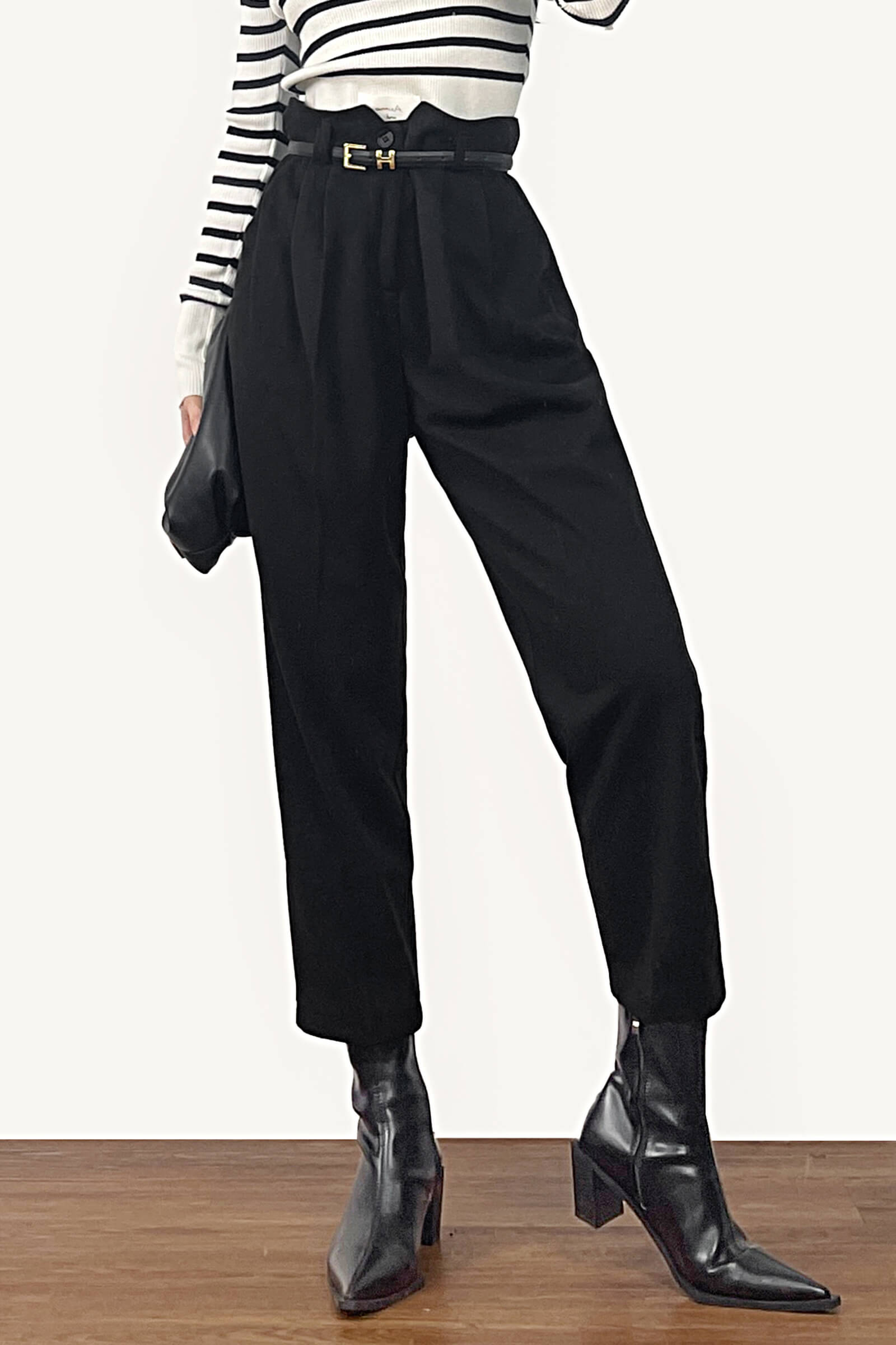Black Belted Tapered Work Pants