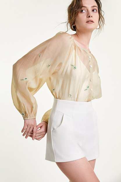 Beige Floral Embroidery Button Front Balloon Sleeve Blouse