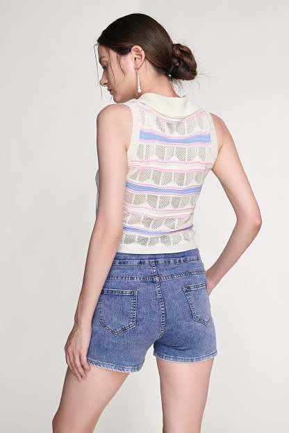 Ivory Striped Button-Up Knitted Collar Vest