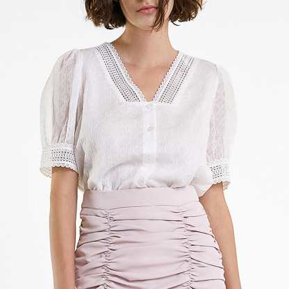 White Crochet Lace Trim V-Neck Button-Up Blouse