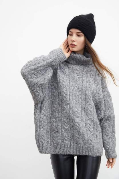 Chunky Grey Cable Knit Turtleneck
