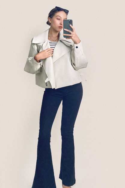 Beige Vegan Leather Pocket Detail Biker Jacket